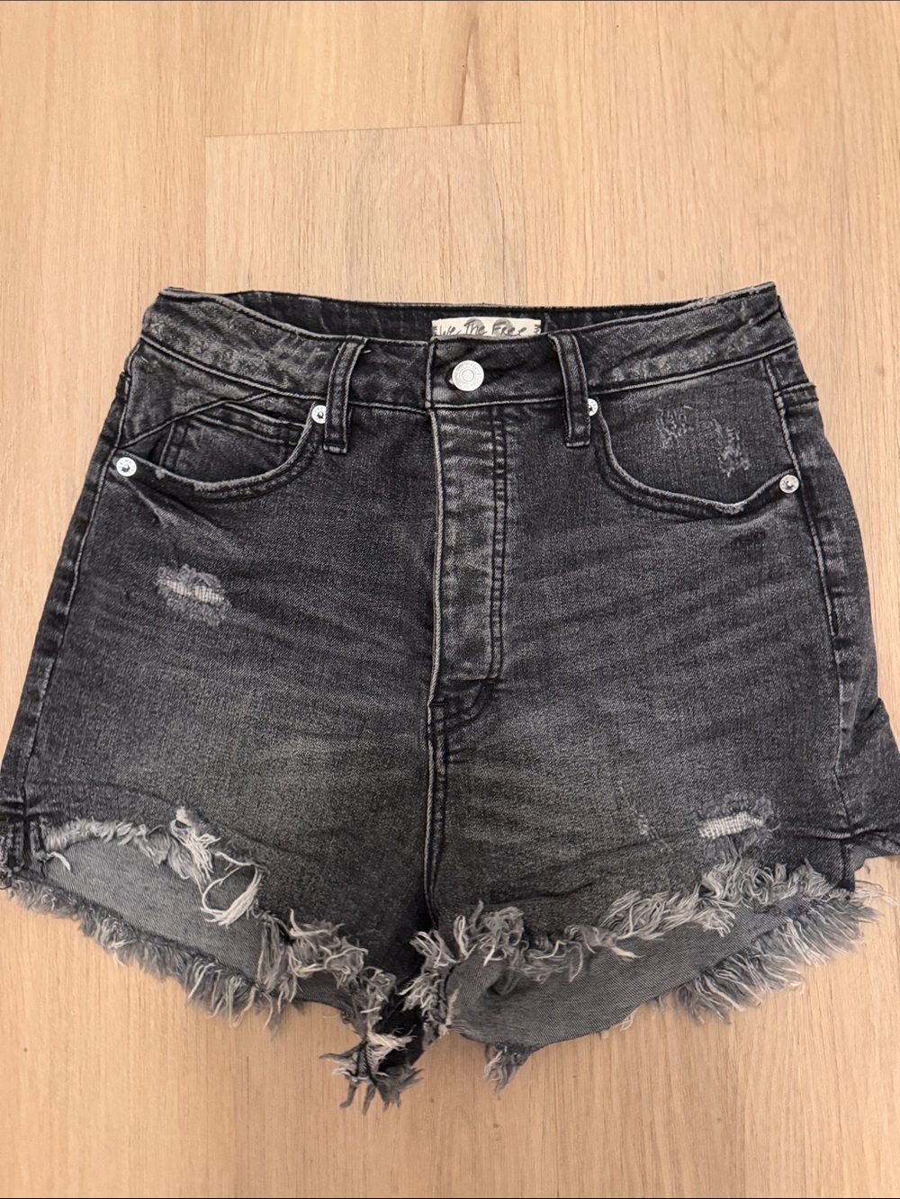 We The Free Washed Black High-Rise Distressed Jean Shorts crv fit